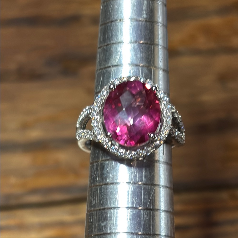Pink sapphire & diamond sterling silver ring